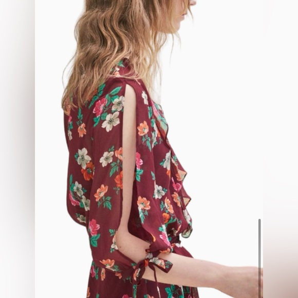 Maje Reselia Burgundy Sheer Floral Chiffon Ruffle Midi Self Tie Wrap Dress - Picture 11 of 12